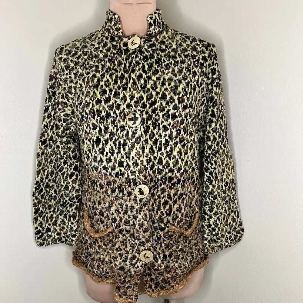 70s Carol Horn Sweater Jacket Large Womens Leopard Chenille Knit Wood Button Vtg